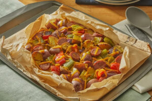 food laid out on a sheet tray in a cooking bag