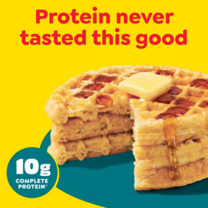  Yellow background behind 3 layers of waffle on bluegreen plate